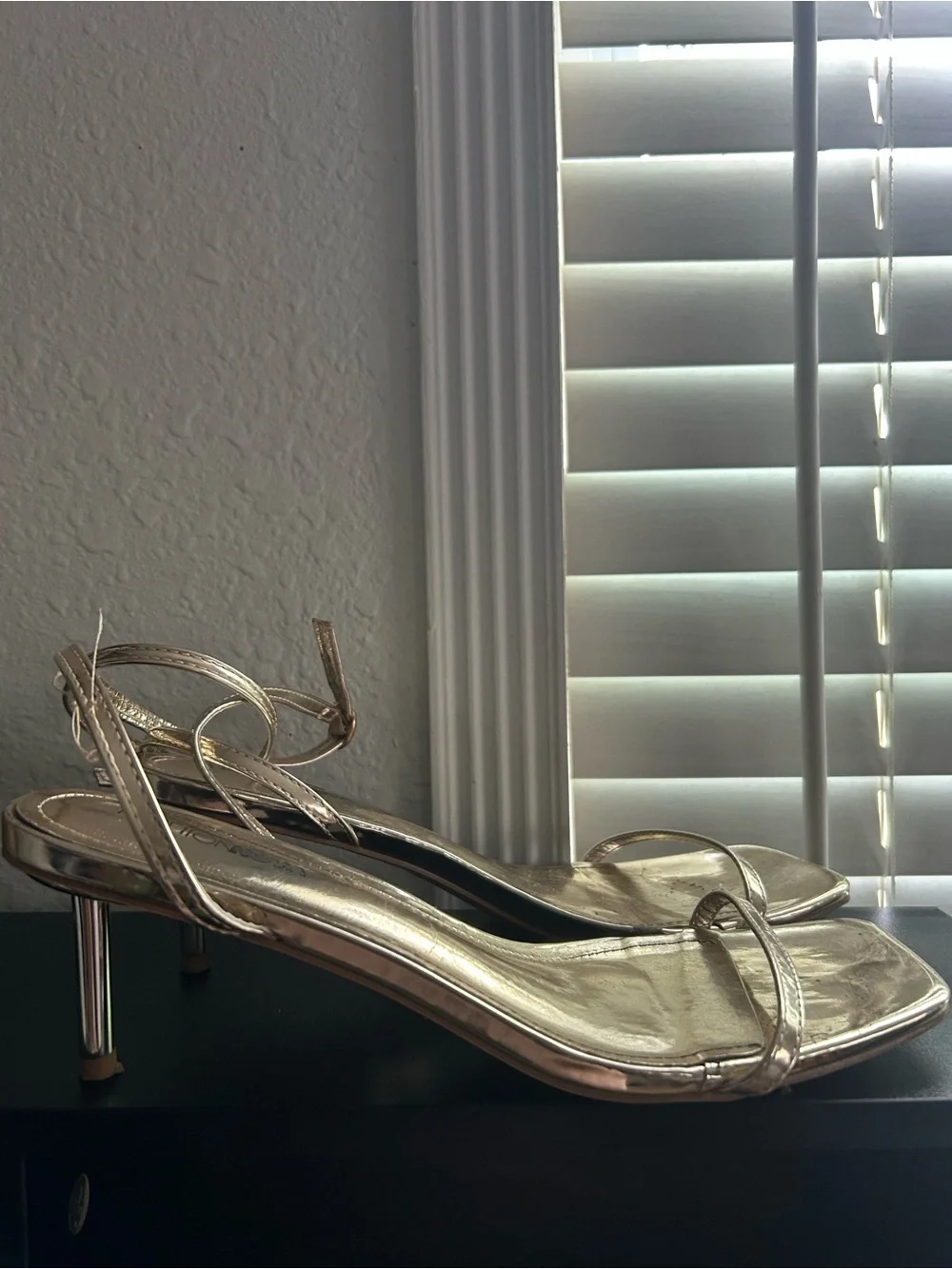 Fashion Nova Gold Metallic Ankle-Strap Kitten Heel Sandals